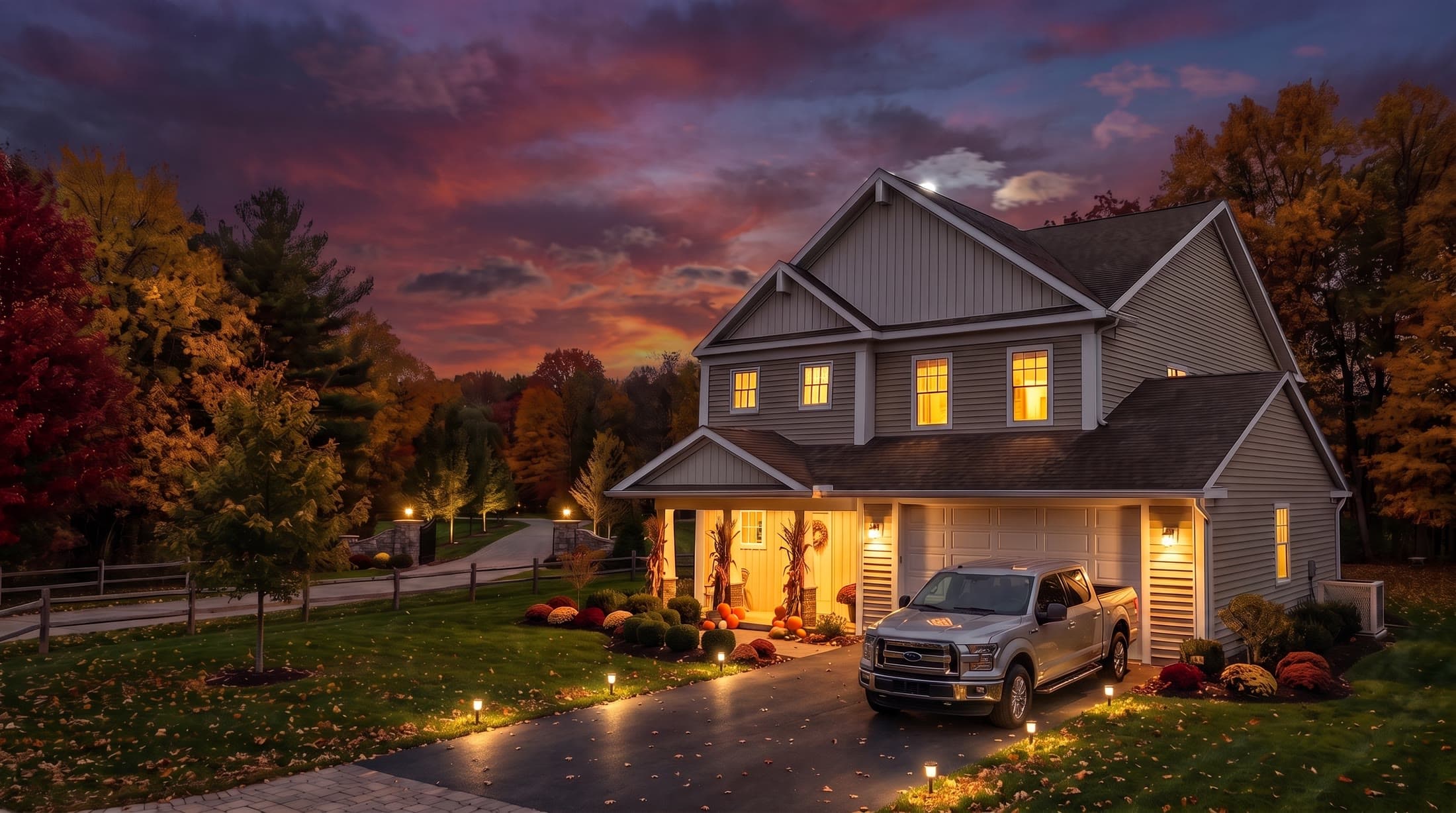 Northeast · Autumn dusk · Porch lights on exterior render